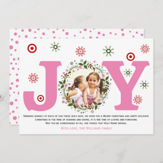 ピンクの喜びとクリスマスの花輪の写真 シーズンカード (正面/裏面)