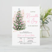 ピンクの喜びのクリスマスベビーシャワーの小さなバンドル 招待状 (スタンド正面)