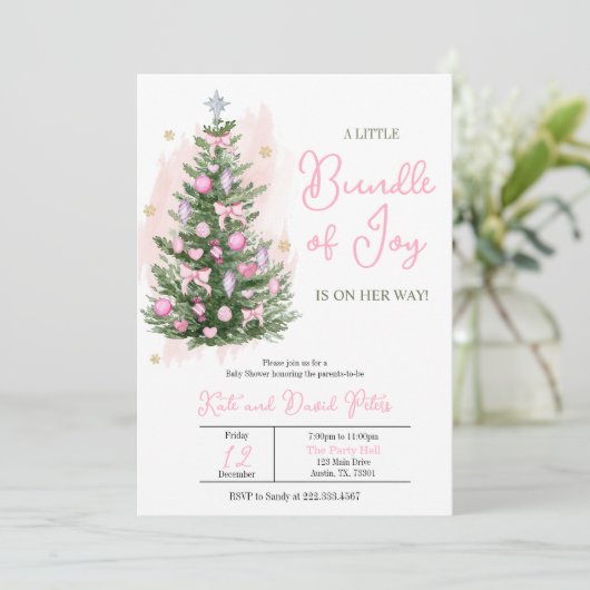 ピンクの喜びのクリスマスベビーシャワーの小さなバンドル 招待状 (スタンド正面)