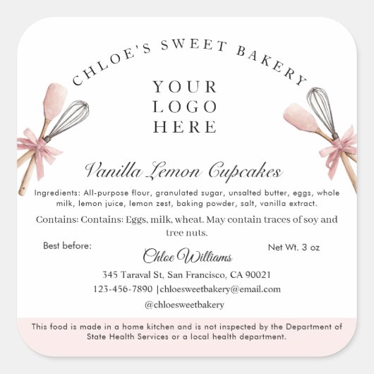 ピンクの器具コテージ法ベーカリー具材ラベル スクエアシール (正面)