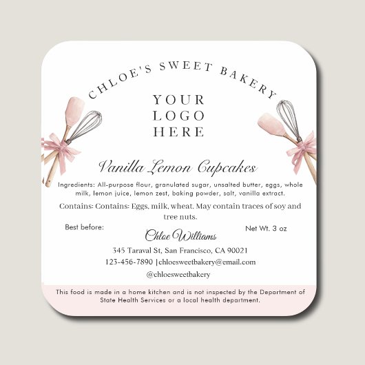 ピンクの器具コテージ法ベーカリー具材ラベル スクエアシール