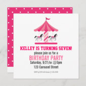 ピンクの回転木馬の誕生日のパーティの招待状 招待状 (正面/裏面)