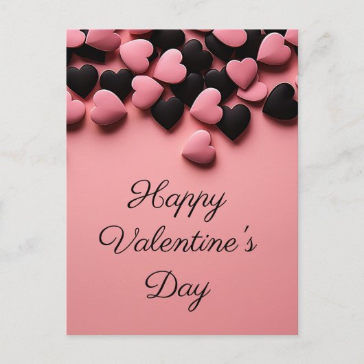 ピンクの地面に黒とピンクのハートバレンタイン ポストカード (正面)