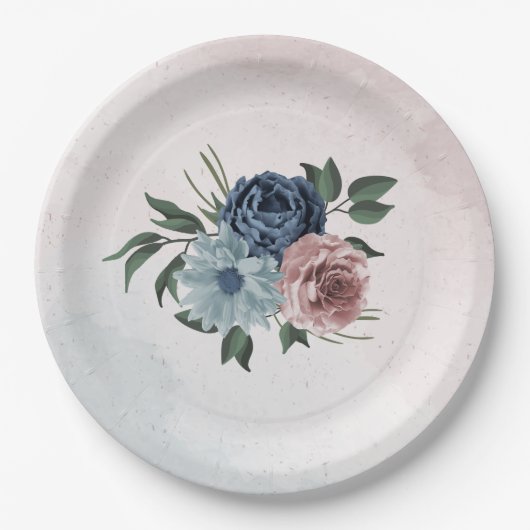 ピンクの埃っぽい青いネイビー・ブルーのフローラ・グリーン結婚リー ペーパープレート (正面)