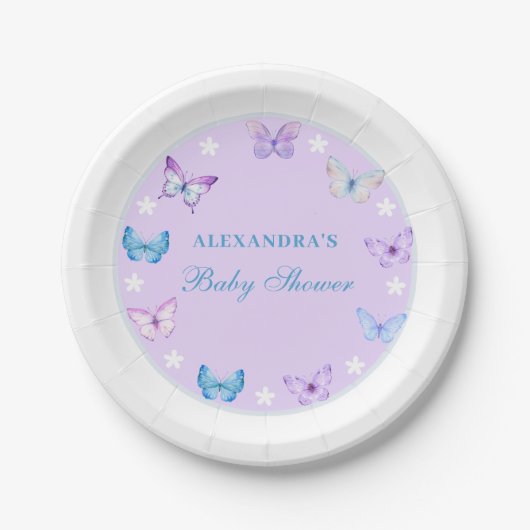 ピンクの埃っぽい青い紫の蝶の赤ちゃんシャワー ペーパープレート (正面)