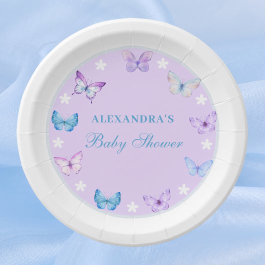 ピンクの埃っぽい青い紫の蝶の赤ちゃんシャワー ペーパープレート