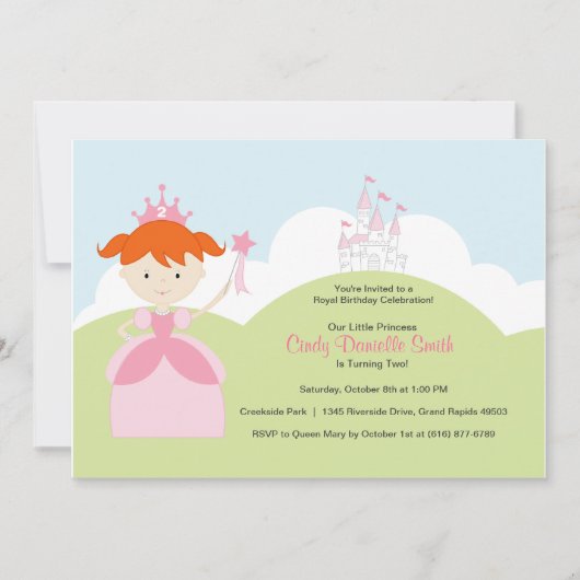 ピンクの城の赤毛の誕生日プリンセス 招待状 (正面)