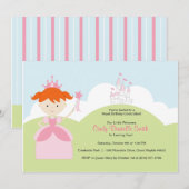 ピンクの城の赤毛の誕生日プリンセス 招待状 (正面/裏面)