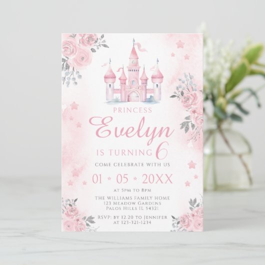 ピンクの城プリンセスバースデーガールの招待 招待状 (スタンド正面)