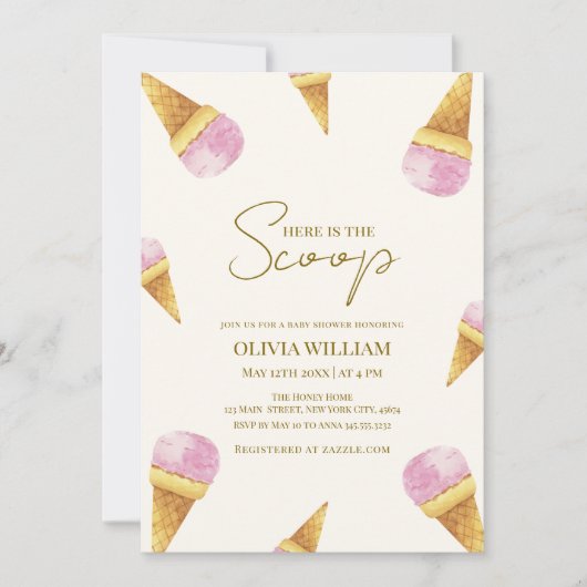 ピンクの夏ここにスクープのアイスクリーム赤ちゃんシャワー 招待状 (正面)
