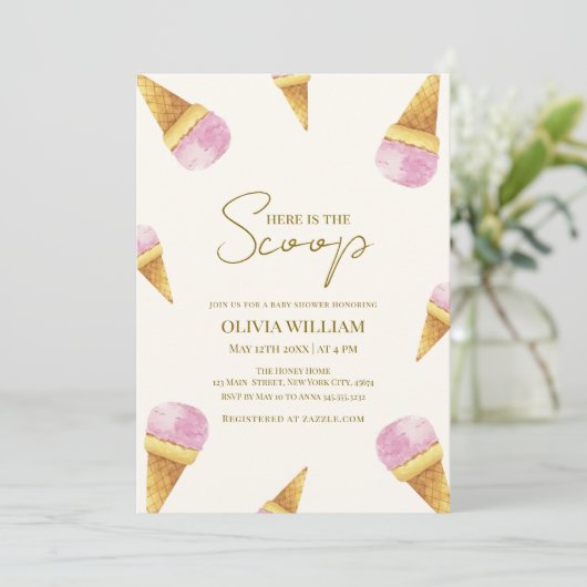 ピンクの夏ここにスクープのアイスクリーム赤ちゃんシャワー 招待状 (スタンド正面)