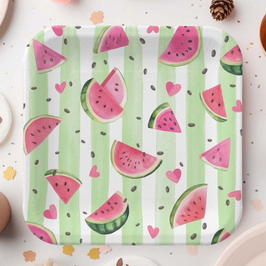 ピンクの夏のスイカかわいい水色のフルーツガール ペーパープレート