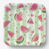 ピンクの夏のスイカかわいい水色のフルーツガール ペーパープレート (正面)