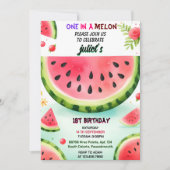 ピンクの夏のスイカの1つにして、まず1歳の誕生日 招待状 (正面)