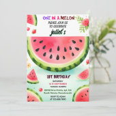 ピンクの夏のスイカの1つにして、まず1歳の誕生日 招待状 (スタンド正面)