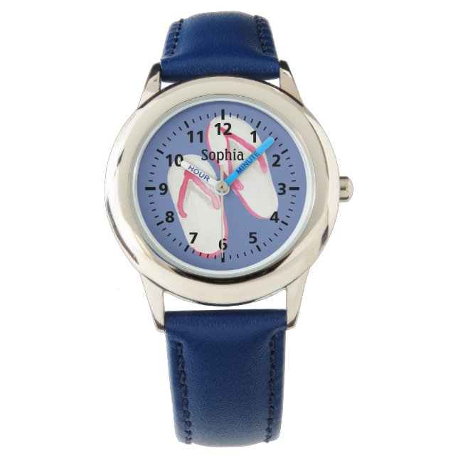 ピンクの夏のビーチサンダルオンブルーパーソナライズされた 腕時計 (正面)