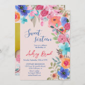 ピンクの夏のフローラの水の色の写真Sweet 16 招待状 (正面/裏面)