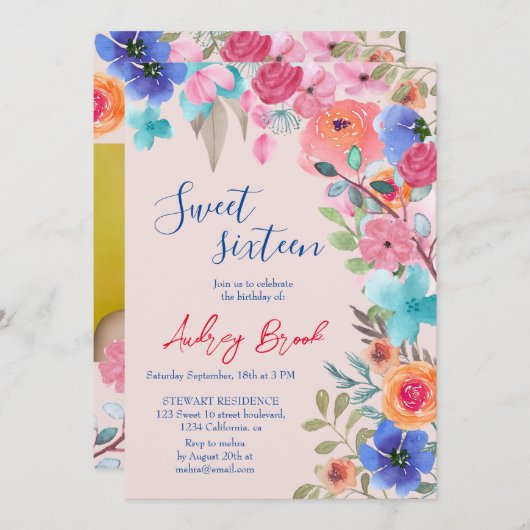 ピンクの夏のフローラの水の色の写真Sweet 16 招待状 (正面/裏面)