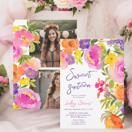 ピンクの夏のフローラの水の色の写真Sweet 16 招待状
