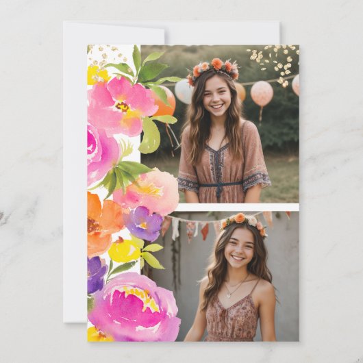 ピンクの夏のフローラ水彩写真キンセアニェラ 招待状 (裏面)