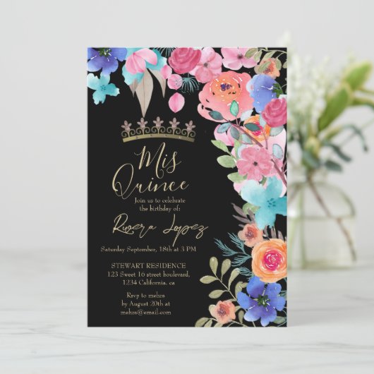 ピンクの夏のフローラ水彩写真キンセアニェラ 招待状 (スタンド正面)