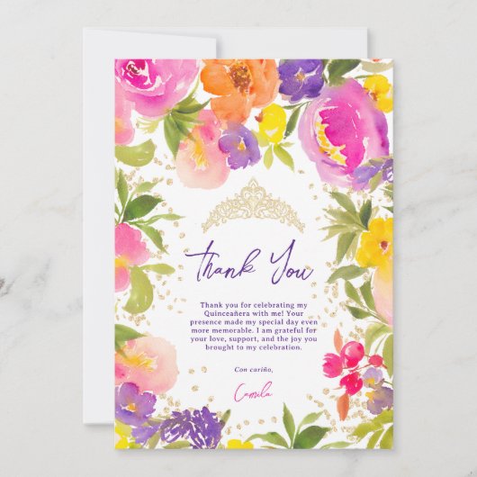 ピンクの夏のフローラ水色金ゴールドキンセアニェラ サンキューカード (正面)