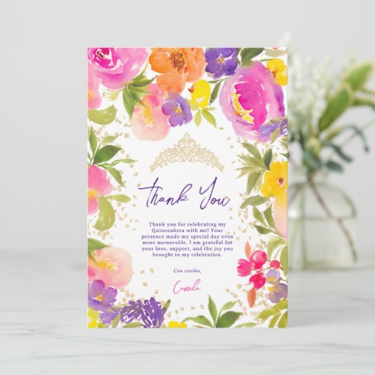 ピンクの夏のフローラ水色金ゴールドキンセアニェラ サンキューカード (スタンド正面)