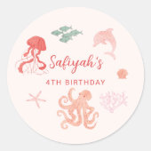 ピンクの夏の海誕生日パーティーのお気に入り ラウンドシール (正面)