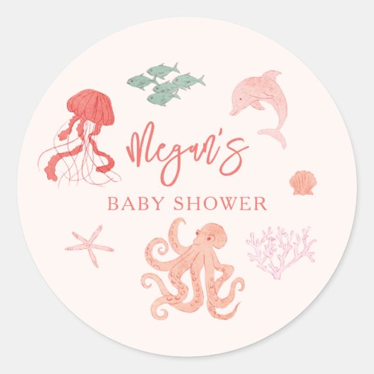 ピンクの夏の海赤ちゃんシャワーのお願い ラウンドシール (正面)
