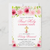 ピンクの夏の花の初聖体拝領 招待状 (正面)