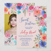 ピンクの夏の花の水彩写真 スイート16 招待状 (正面/裏面)
