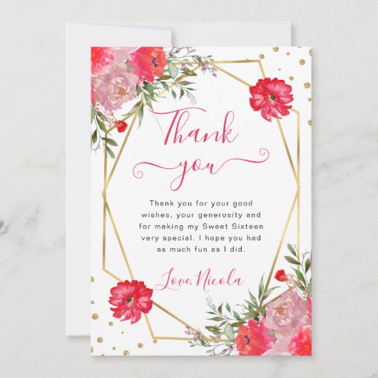 ピンクの夏の花フレーム甘い16 サンキューカード (正面)