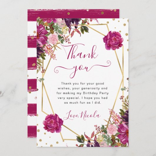 ピンクの夏の花フレーム誕生日 サンキューカード (正面/裏面)