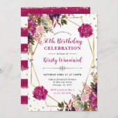 ピンクの夏の花フレーム50誕生日 招待状 (正面/裏面)