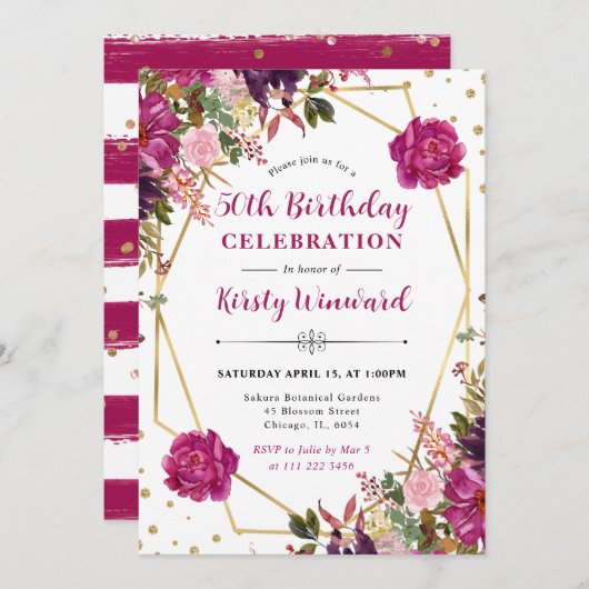 ピンクの夏の花フレーム50誕生日 招待状 (正面/裏面)
