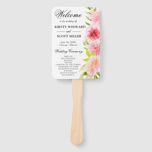 ピンクの夏の花結婚式 プログラム ハンドファン (正面)