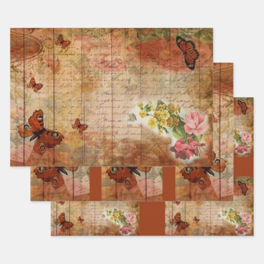 ピンクの夏の蝶と花Ephemera ラッピングペーパーシート (セット)
