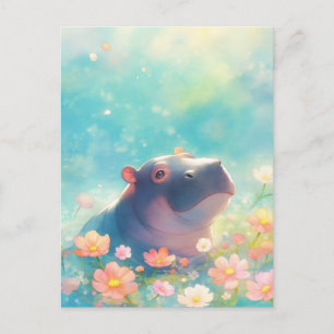 ピンクの夏の野の花の池で泳ぐ青いカバ ポストカード