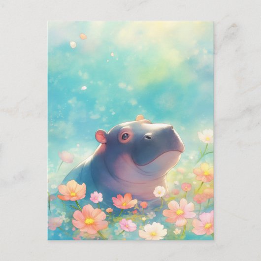 ピンクの夏の野の花の池で泳ぐ青いカバ ポストカード (正面)