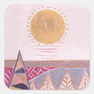 ピンクの夏の風景、民俗芸術、水彩 スクエアシール