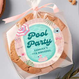 ピンクの夏プールパーティーお誕生日おめでとうステッカー ラウンドシール
