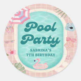 ピンクの夏プールパーティーお誕生日おめでとうステッカー ラウンドシール