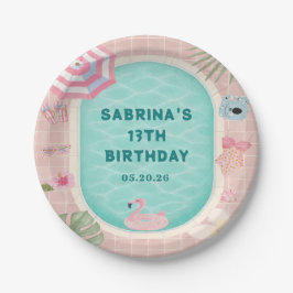 ピンクの夏プールパーティーお誕生日紙皿 ペーパープレート