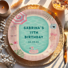 ピンクの夏プールパーティーお誕生日紙皿 ペーパープレート