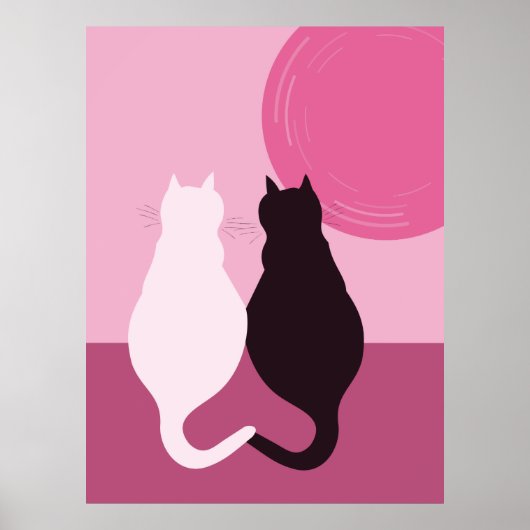 ピンクの夕日に可愛い白黒の猫ペア ポスター (正面)