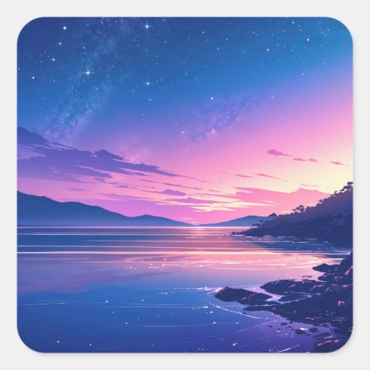 ピンクの夕焼けに広がる星空の天の川銀河 スクエアシール (正面)