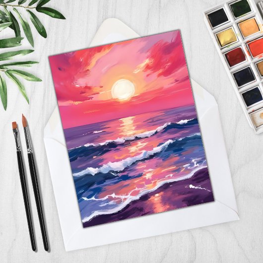ピンクの夕焼け すみれ色の海の波 水彩カード