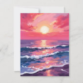 ピンクの夕焼け すみれ色の海の波 水彩カード (正面)