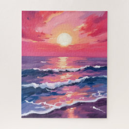 ピンクの夕焼け ふじ色の海の波 水彩画 ジグソーパズル
