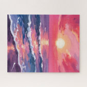 ピンクの夕焼け ふじ色の海の波 水彩画 ジグソーパズル (横)
